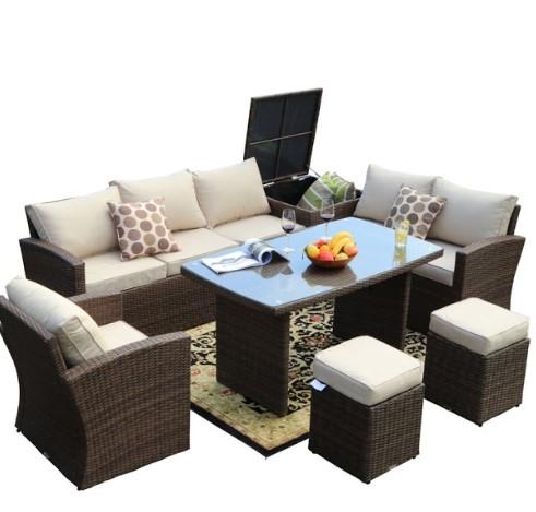 HomeRoots Furniture Outdoor Dining Set Brown 7-Piece Steel Outdoor Sectional Sofa Set with Ottomans and Storage Box