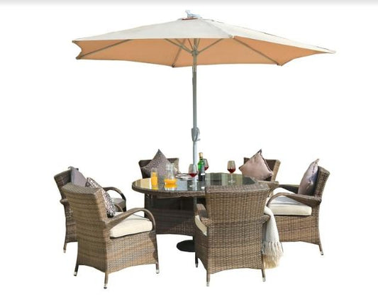 HomeRoots Furniture Outdoor Dining Set Brown 7-Piece Wicker Outdoor Dining Set with Washed Cushion Round Table