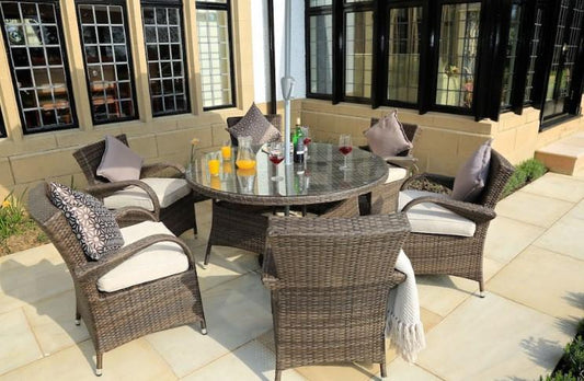 HomeRoots Furniture Outdoor Dining Set Brown 7-Piece Wicker Outdoor Dining Set with Washed Cushion Round Table