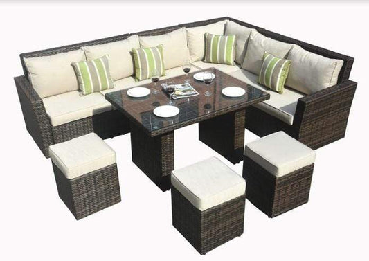 HomeRoots Furniture Outdoor Dining Set Brown HomeRoots Furniture - Brown 8-Piece Outdoor Sectional Set with Cushions (372321) | 180.96" x 33.54" x 34.71"