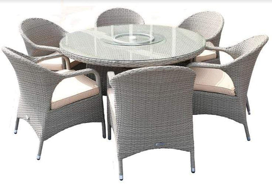 HomeRoots Furniture Outdoor Dining Set Gray HomeRoots Furniture - Gray 7-Piece Outdoor Round Table Dining Set with Cushion (372325) | 221.91" x 53.82" x 24.96"