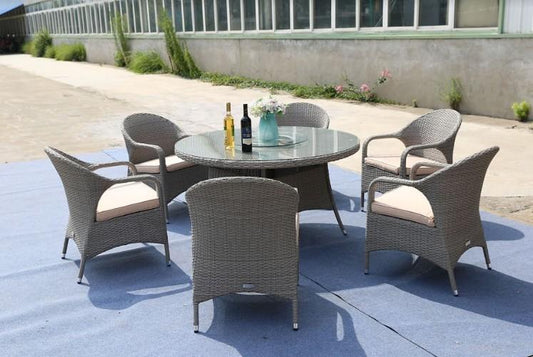 HomeRoots Furniture Outdoor Dining Set Gray HomeRoots Furniture - Gray 7-Piece Outdoor Round Table Dining Set with Cushion (372325) | 221.91" x 53.82" x 24.96"