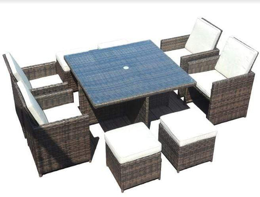 HomeRoots Furniture Outdoor Dining Set Home Roots Brown Wicker 9-Piece Square Outdoor Dining Set with Beige Cushions - 372319
