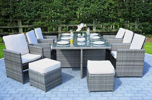 HomeRoots Furniture Outdoor Dining Set HomeRoots - Gray Wicker 11-Piece Outdoor Dining Set with Cushions and Wicker/Glass Top Table - 372320
