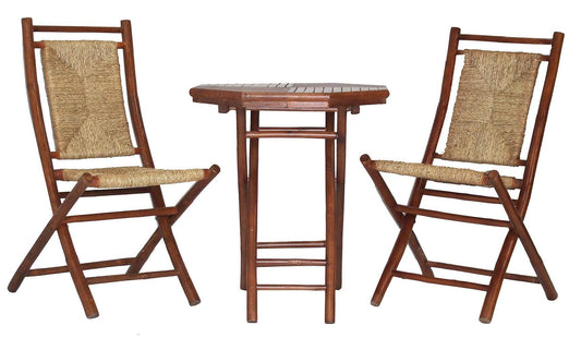 HomeRoots Outdoors Bistro Set Brown Bamboo, Natural Sea Grass / Bamboo 36" Brown Sea Grass Weave set of 2 Chairs and a Table