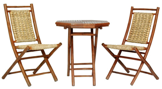 HomeRoots Outdoors Bistro Set Brown Bamboo, Natural Water Hyacinth / Bamboo 36" Brown Water Hyacinth and Bamboo set of 2 Chairs and a Table