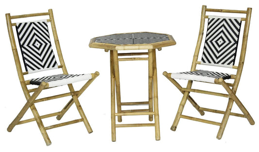 HomeRoots Outdoors Bistro Set Natural Bamboo, Black & White Poly-Rattan / Bamboo 36" Brown Poly-Rattan and Bamboo set of 2 Chairs and a Table