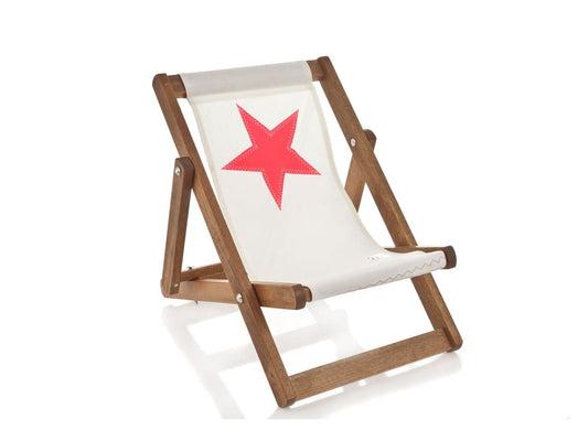 HomeRoots Outdoors Outdoor Beach Chairs White and Pink / Recycled Sailcloth 17.72" X 28.74" X 1.97" White Recycled Sailcloth Mini Deck Chair Pink Star