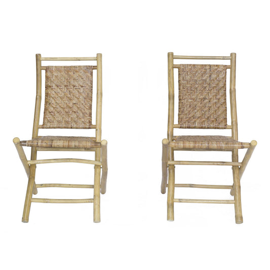 HomeRoots Outdoors Outdoor Folding Chairs Brown / Bamboo 36" Brown Bamboo Folding Chair with a Rattan Skin Chevron Weave