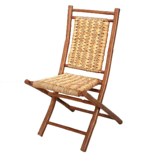 HomeRoots Outdoors Outdoor Folding Chairs Brown/Natural / Bamboo 36" 2 Brown/Natural Bamboo Folding Chairs with an Open Link Hyacinth Weave