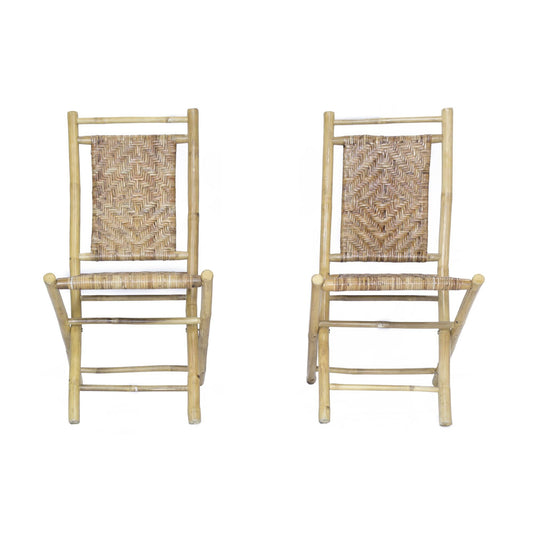 HomeRoots Outdoors Outdoor Folding Chairs Gray / Bamboo Two 36" Grey Bamboo Folding Chairs with Rattan Skin Diamond Weave