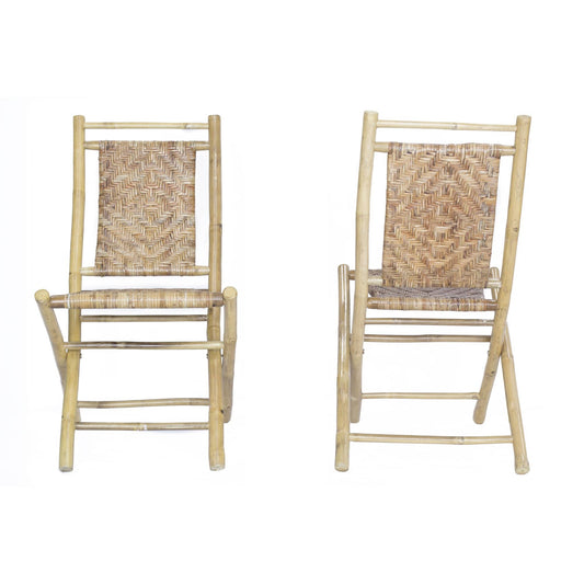 HomeRoots Outdoors Outdoor Folding Chairs Gray / Bamboo Two 36" Grey Bamboo Folding Chairs with Rattan Skin Diamond Weave