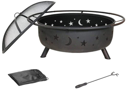 HomeRoots Outdoors Outdoor Furniture > Fire Pits Black / Metal 30" Wood Burning Fire Pit with Charcoal Grill and Spark Screen