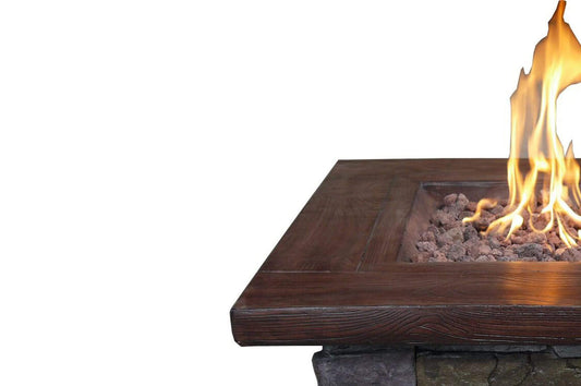 HomeRoots Outdoors Outdoor Furniture > Fire Pits Gray and brown / MGO and Metal Square Wood Look Gas Fire Pit with Stone Cladding, Gray and Brown