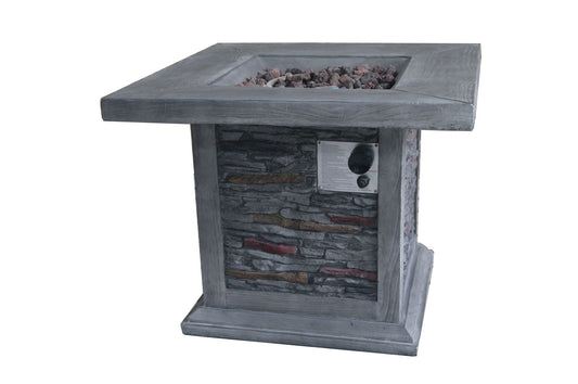HomeRoots Outdoors Outdoor Furniture > Fire Pits Gray / MGO and Metal Wood Look Outdoor Gas Fire Pit with Stone Cladding and Lava Rocks,Gray