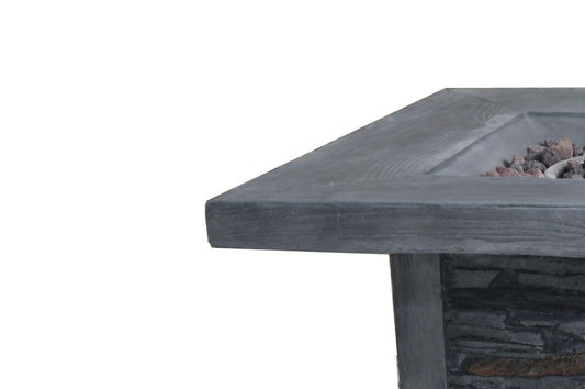 HomeRoots Outdoors Outdoor Furniture > Fire Pits Gray / MGO and Metal Wood Look Outdoor Gas Fire Pit with Stone Cladding and Lava Rocks,Gray