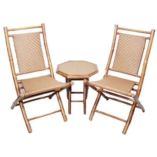 HomeRoots Outdoors Outdoor Furniture > Outdoor Furniture Set Brown/Tan / Bamboo 36" Natural Bamboo Diamond Weave 2 Chairs and a Table Bistro Set