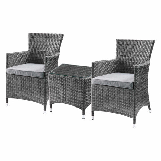 HomeRoots Outdoors Outdoor Furniture > Outdoor Furniture Set Gray Fabric and Wicker / Synthetic Wicker, Glass, 24" X 24" X 35" 3Pc Gray Fabric And Wicker Patio Bistro Set