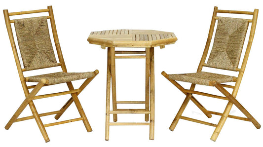HomeRoots Outdoors Outdoor Furniture > Outdoor Furniture Set Natural Bamboo, Natural Sea Grass / Bamboo 36" Natural Sea Grass Weave set of 2 Chairs and a Table
