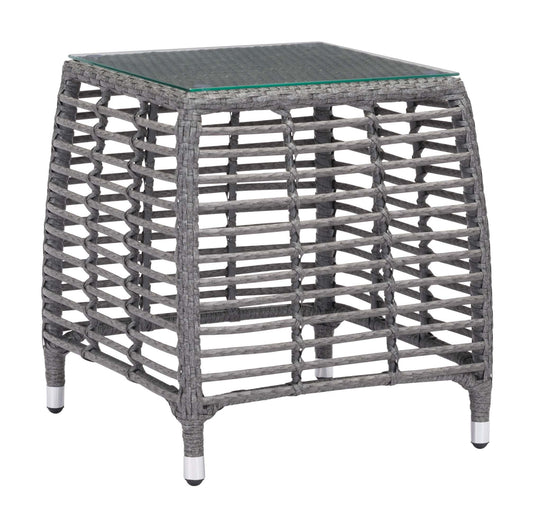 HomeRoots Outdoors Outdoor Furniture > Outdoor Tables Gray & Beige / Tempered Glass, Aluminum Frame, Synthetic Weave 20" x 20" x 22" Gray & Beige, Tempered Glass, Aluminum Frame, Synthetic Weave, Beach Side Table