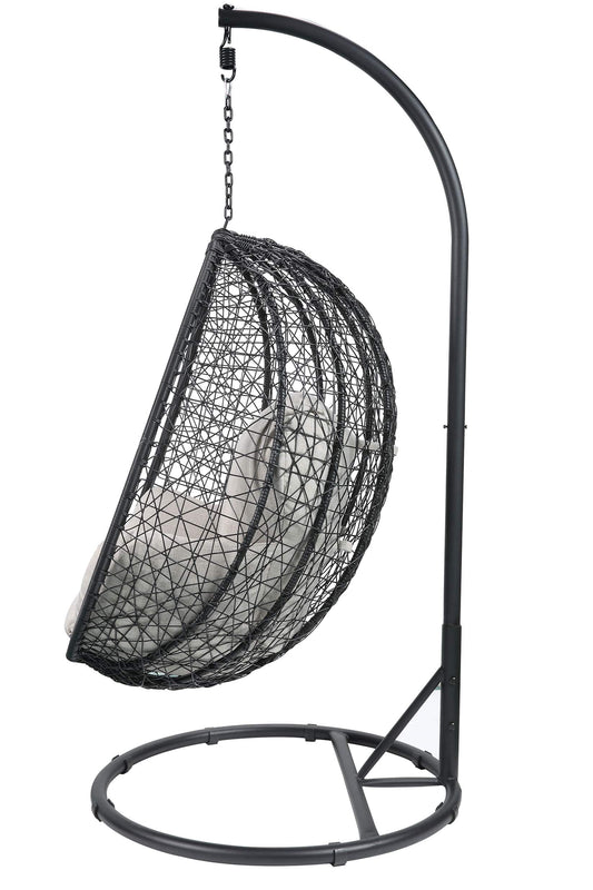 HomeRoots Outdoors Swing Chairs Beige Fabric and Black Wi / Synthetic Wicker, Steel, 38" X 38" X 79" Beige Fabric And Black Wicker Patio Swing Chair With Stand