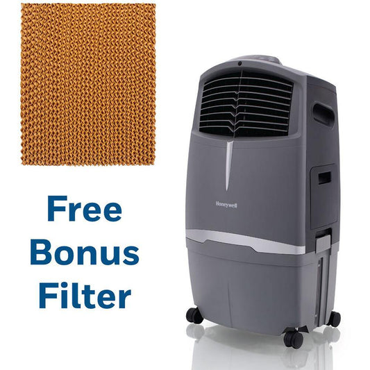 Honeywell Honeywell 525 CFM Indoor/Outdoor Evaporative Air Cooler in Gray with Remote Control and an Extra Honeycomb Filter