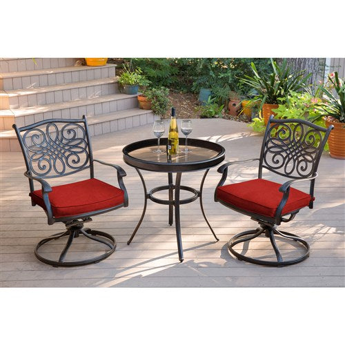 Hanover - Traditions 3-Piece Outdoor Dining Set With 2 Swivel Rockers, 30-In. Round Glass Top Table - Red/Glass - TRADDN3PCSWG-R
