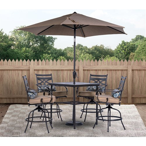 Hanover - Montclair 5 piece Outdoor Dining Set with 4 Swivel Chairs and a 33-In. Sq High Table, Umbrella & Base - Dark brown - MCLRDN5PCBR-SU-T