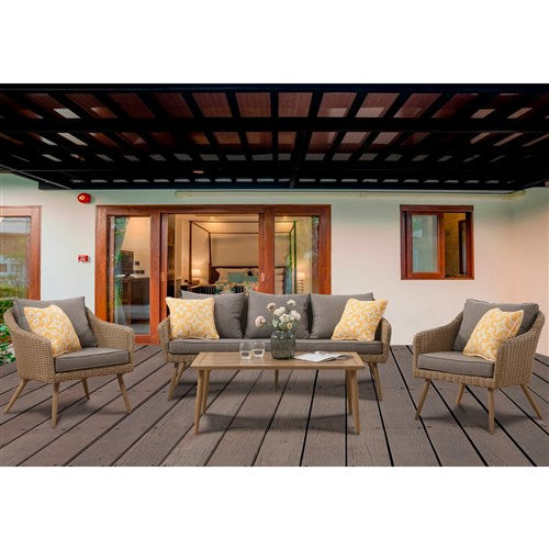 Hanover - Sydney 4-piece Conversation Set With 2 Side Chairs, Sofa, and Faux Wood Coffee Table -Grey/Wood- SYDNEY4PC-GRY