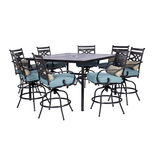 Hanover Montclair 9-piece High Dining | 8 Swivel Chairs | 60" Square High Table - Blue/Brown | MCLRDN9PCBRSW8-BLU