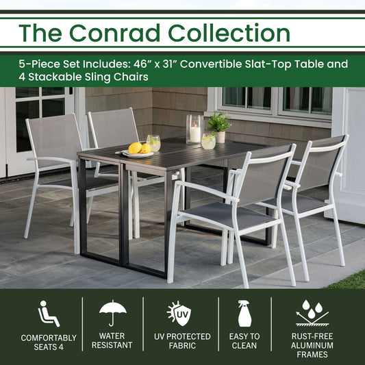 Conrad 5-Piece Compact Outdoor Dining Set w/ 4 Stackable Sling Chairs and Convertible Slatted Table, White Frame / Gray Sling CONDN5PC-WHT | CONDN5PC-WHT