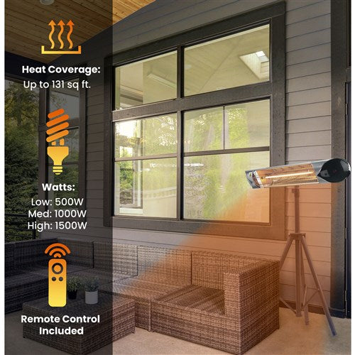 Hanover - 35.4 in. 1500-Watt Infrared Electric Patio Heater with Remote Control and Tripod Stand in Silver/Black