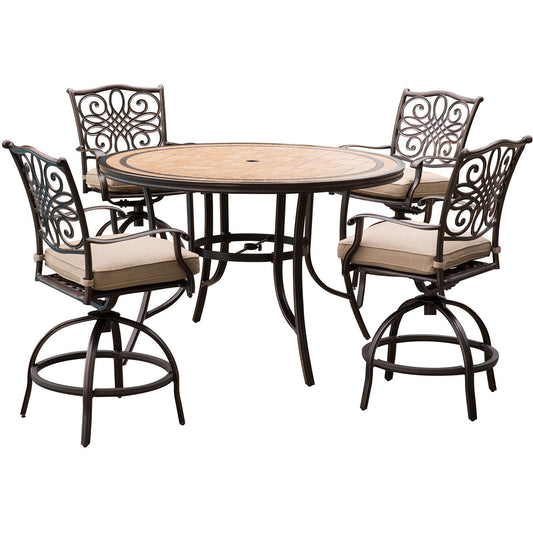 Hanover - Monaco 5-Piece High-Dining Set in Tan with 4 Swivel Chairs and a 56 In. Tile-top Table