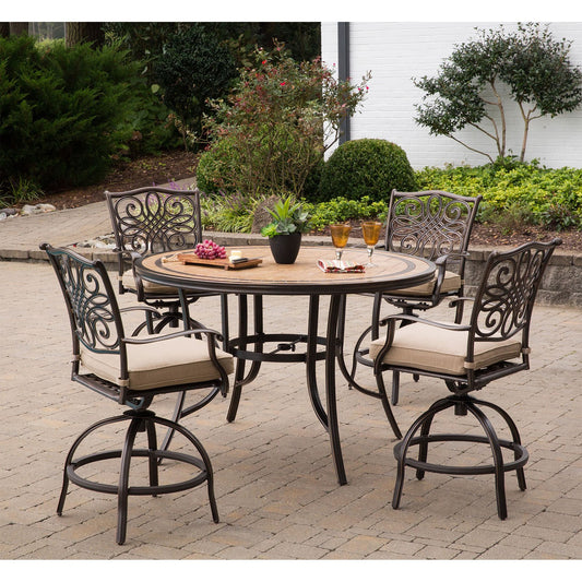 Hanover - Monaco 5-Piece High-Dining Set in Tan with 4 Swivel Chairs and a 56 In. Tile-top Table