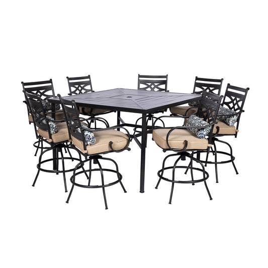 Hanover Montclair 9-piece High Dining | 8 Swivel Chairs | 60" Square High Table - Tan/Brown | MCLRDN9PCBRSW8-TAN