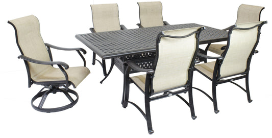 Lawton Casual Comfort Outdoor Dining Set Lawton Casual Comfort - Sling 7-Piece Cast Aluminum Dining Set with 86"x46" Table, 4 Chairs and 2 Swivel Rockers