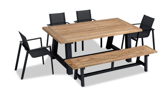 Harmonia Living - Lift Mill 6 to 7 Seat Reclaimed Teak Dining Set w/ Bench | LIFT-BK-SET551