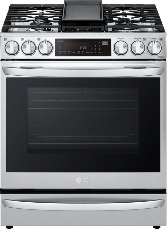 LG - 6.3 cu. ft. 30 in Smart ProBake Slide-in Dual Fuel Range with Gas Stove and Electric Oven in PrintProof Stainless Steel - LSGL6337F