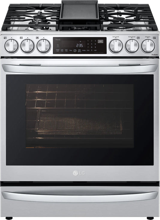 LG - 6.3 cu. ft. 30 in Smart ProBake Slide-in Dual Fuel Range with Gas Stove and Electric Oven in PrintProof Stainless Steel - LSGL6337F