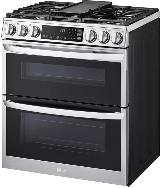 LG - 6.9 cu. ft. Smart Slide-In Double Oven Gas Range with ProBake and InstaView in PrintProof Stainless Steel - LTGL6937F