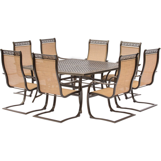 Hanover - Manor 9 piece Outdoor Dining Set with 8 Sling Spring Chairs and a 60 x 27.8 Square Cast Table - MANDN9PCSQSP