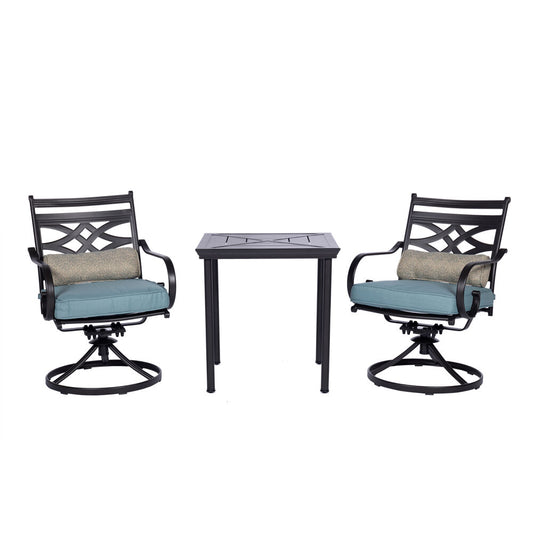 Hanover - Montclair 3-piece Outdoor Dining Set with 2 Swivel Rockers and a 27 In. Square Bistro Table - Blue - MCLRDN3PCSW2-BLU