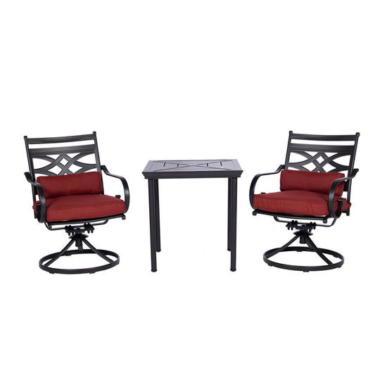 Hanover - Montclair 3-piece Outdoor Dining Set with 2 Swivel Rockers and a 27-In. Square Bistro Table - Red - MCLRDN3PCSW2-CHL