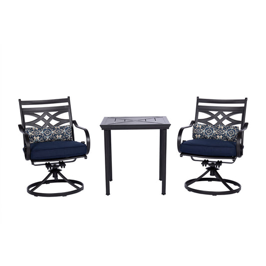 Hanover - Montclair 3-piece Outdoor Dining Set with 2 Swivel Rockers and a 27-In. Square Bistro Table - Navy blue - MCLRDN3PCSW2-NVY