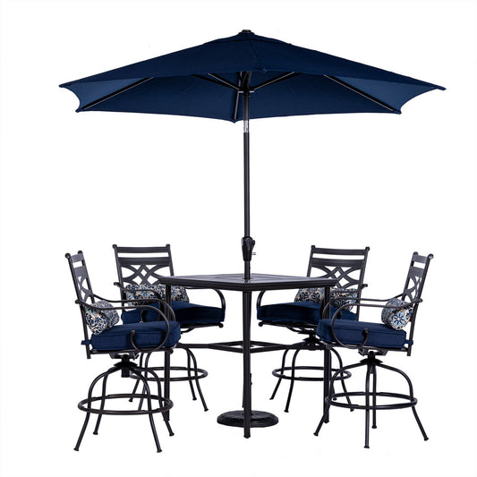 Hanover - Montclair 5-piece Outdoor Dining Set with 4 Swivel Chairs and a 33-In. Sq High Table, Umbrella and Base- Navy Blue - MCLRDN5PCBR-SU-N
