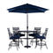 Hanover - Montclair 5-piece Outdoor Dining Set with 4 Swivel Chairs and a 33-In. Sq High Table, Umbrella and Base- Navy Blue - MCLRDN5PCBR-SU-N