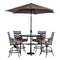 Hanover - Montclair 5 piece Outdoor Dining Set with 4 Swivel Chairs and a 33-In. Sq High Table, Umbrella & Base - Dark brown - MCLRDN5PCBR-SU-T
