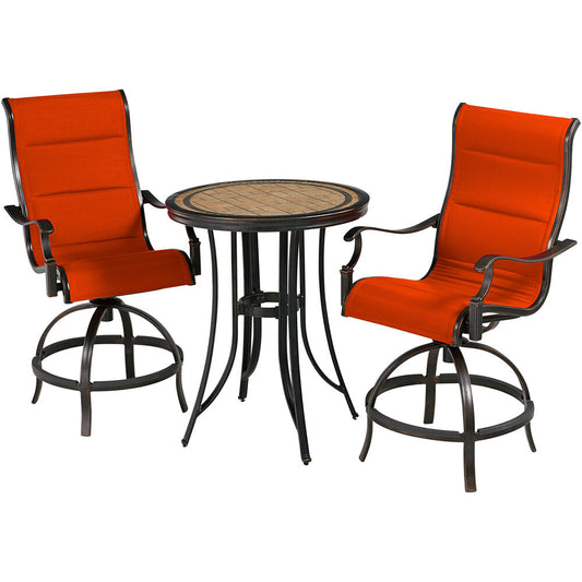 Hanover - Monaco 3-piece Outdoor Dining Set with 2 Padded Swivel Counter Height Chairs and a 30-In. Round Tile Table - Red/Bronze - MONDN3PCPDBR-C-RED