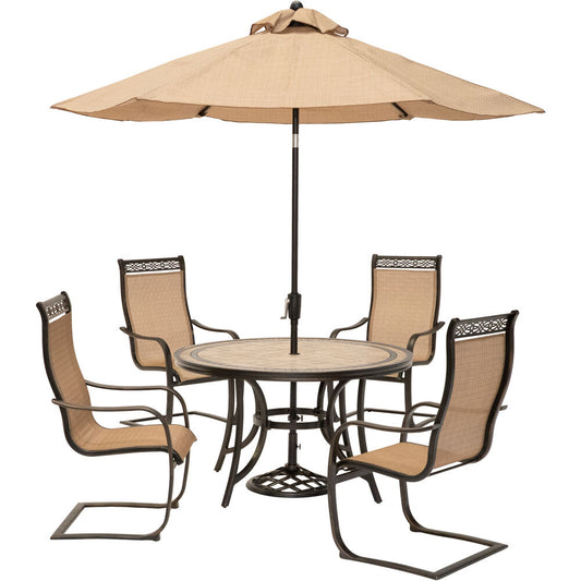 Hanover - Monaco 5-piece Outdoor Dining Set with 4 Sling Spring Chairs and a 51-In. Round Tile Top Table, Umbrella - MONDN5PCSP-SU