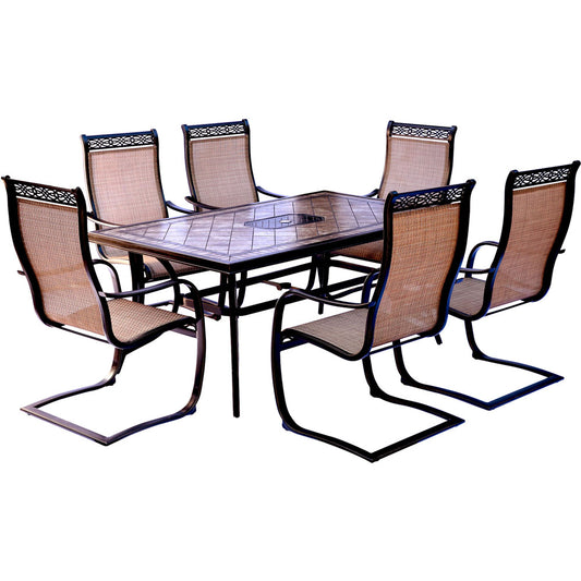 Hanover - Monaco 7-piece Outdoor Dining Set with 6 Sling Spring Chairs with a 40 x 68-In. Tile Top Table - Tan - MONDN7PCSP